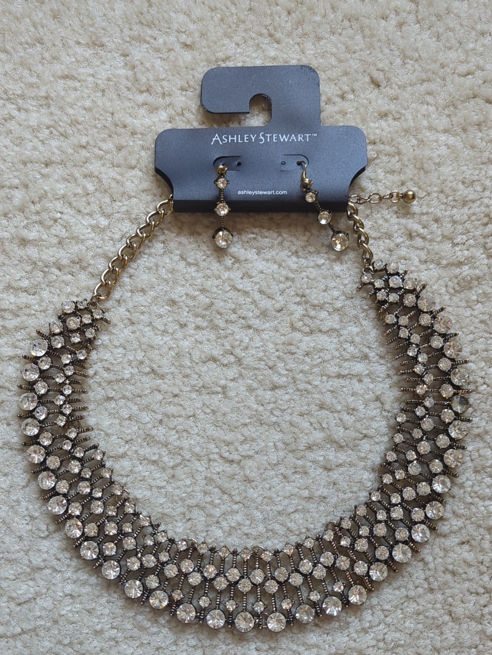 Ashley Stewart Gold Crystal Statement Collar Necklace with Dangle Earrings